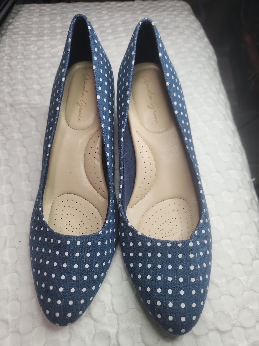 Amelia Grace Navy Polka Dot Women's Pointed Toe Flats